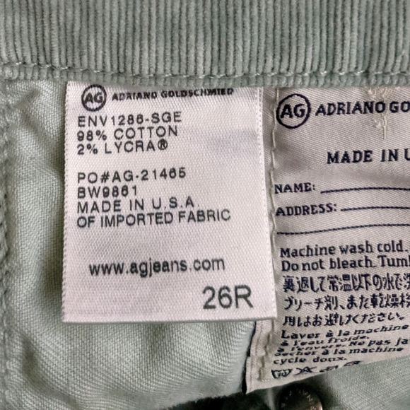 Ag Jeans Mint Green Stevie Slim Corduroys 26R - Picture 7 of 9